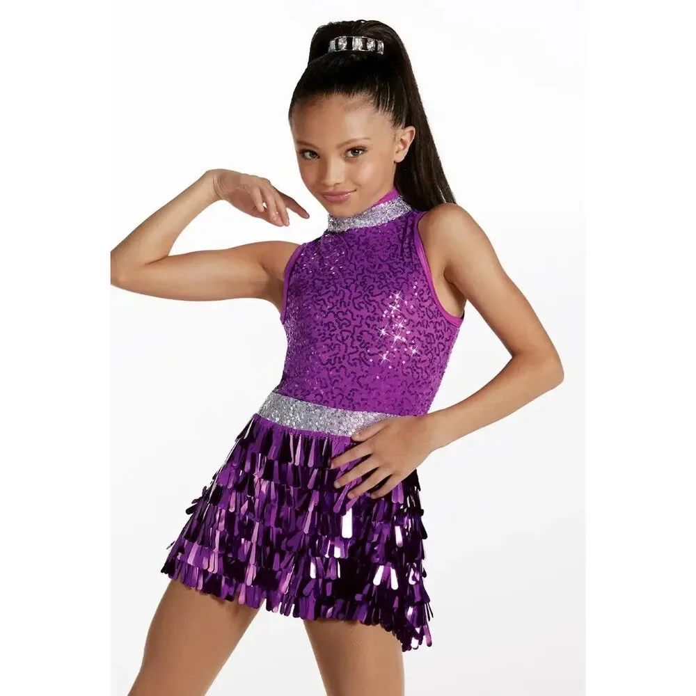 Pre-Owned Dance Costume Weissman 15271 Intermediate Child Purple Teardrop Sequi